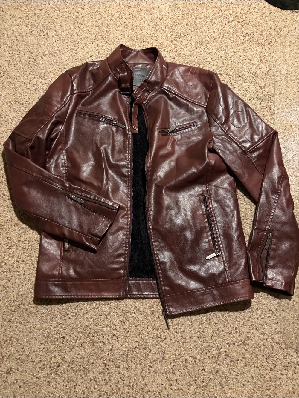 Men's Burgundy Faux Leather Bomber Jacket